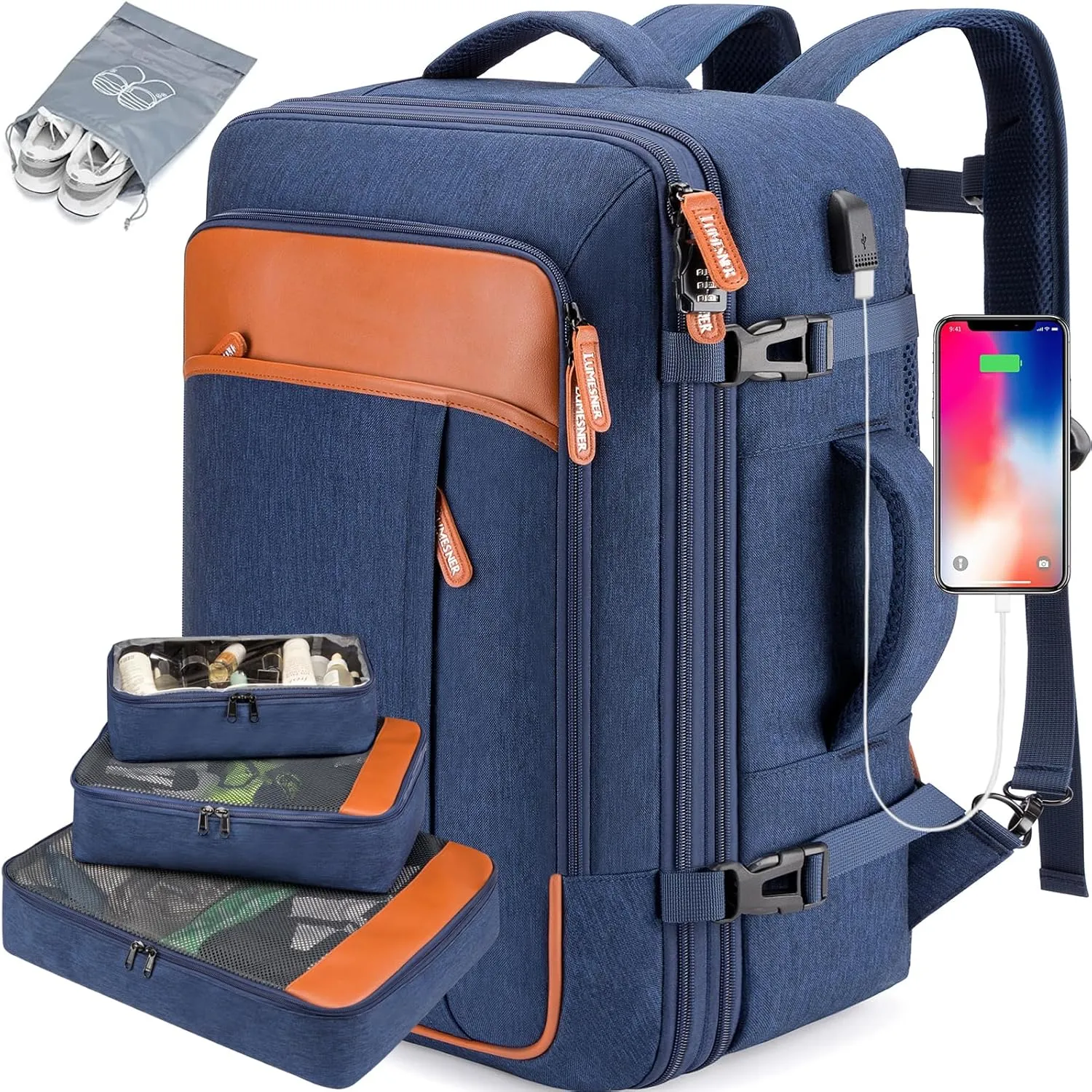 Carry on Travel Backpacks, Extra Large 40L Flight Approved Bag for Men & Women,Expandable Suitcase Backpack With 4 Packing Cubes,Water Resistant Luggage Daypack Business Weekender Bag,Blue