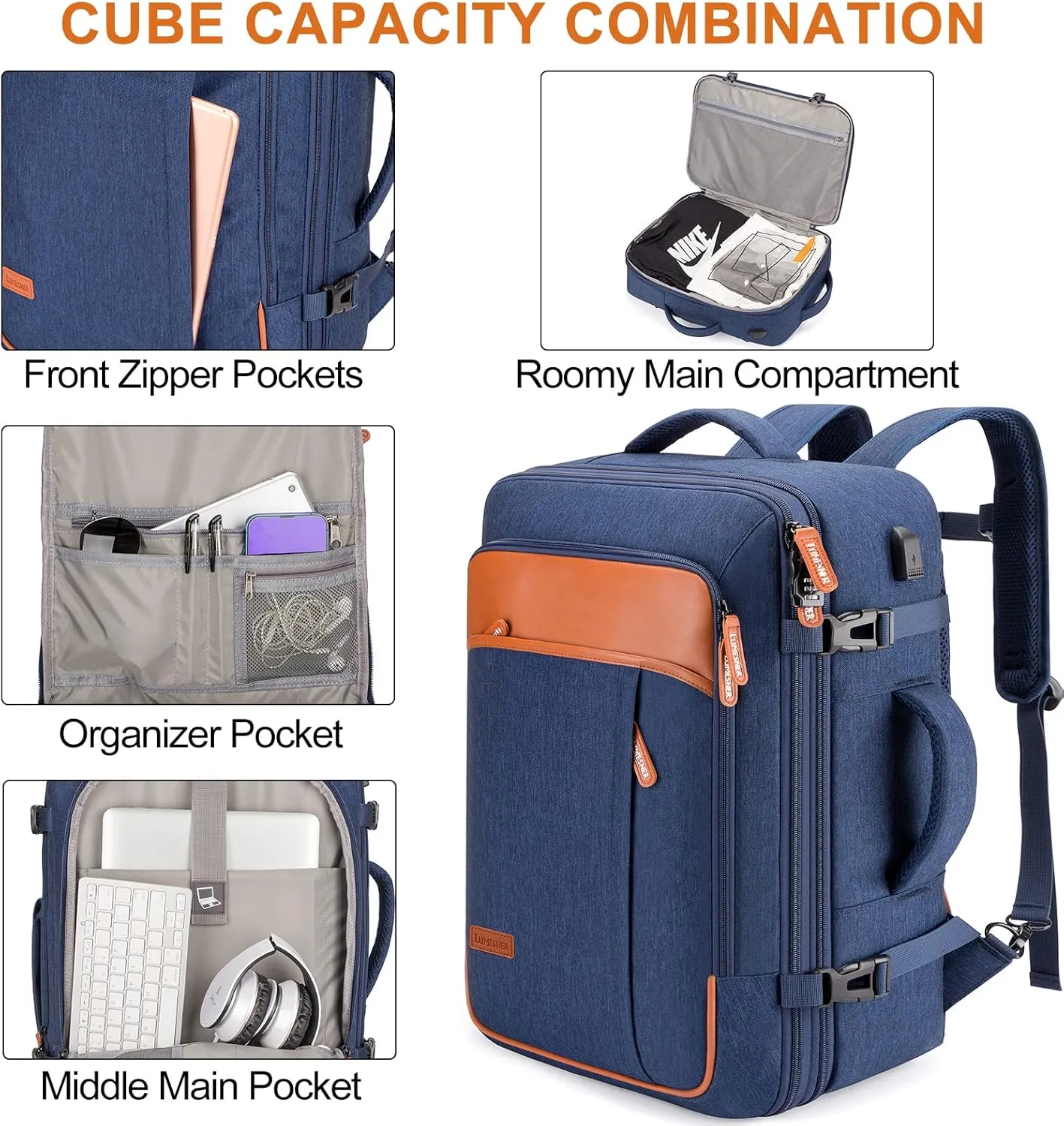 Carry on Travel Backpacks, Extra Large 40L Flight Approved Bag for Men & Women,Expandable Suitcase Backpack With 4 Packing Cubes,Water Resistant Luggage Daypack Business Weekender Bag,Blue