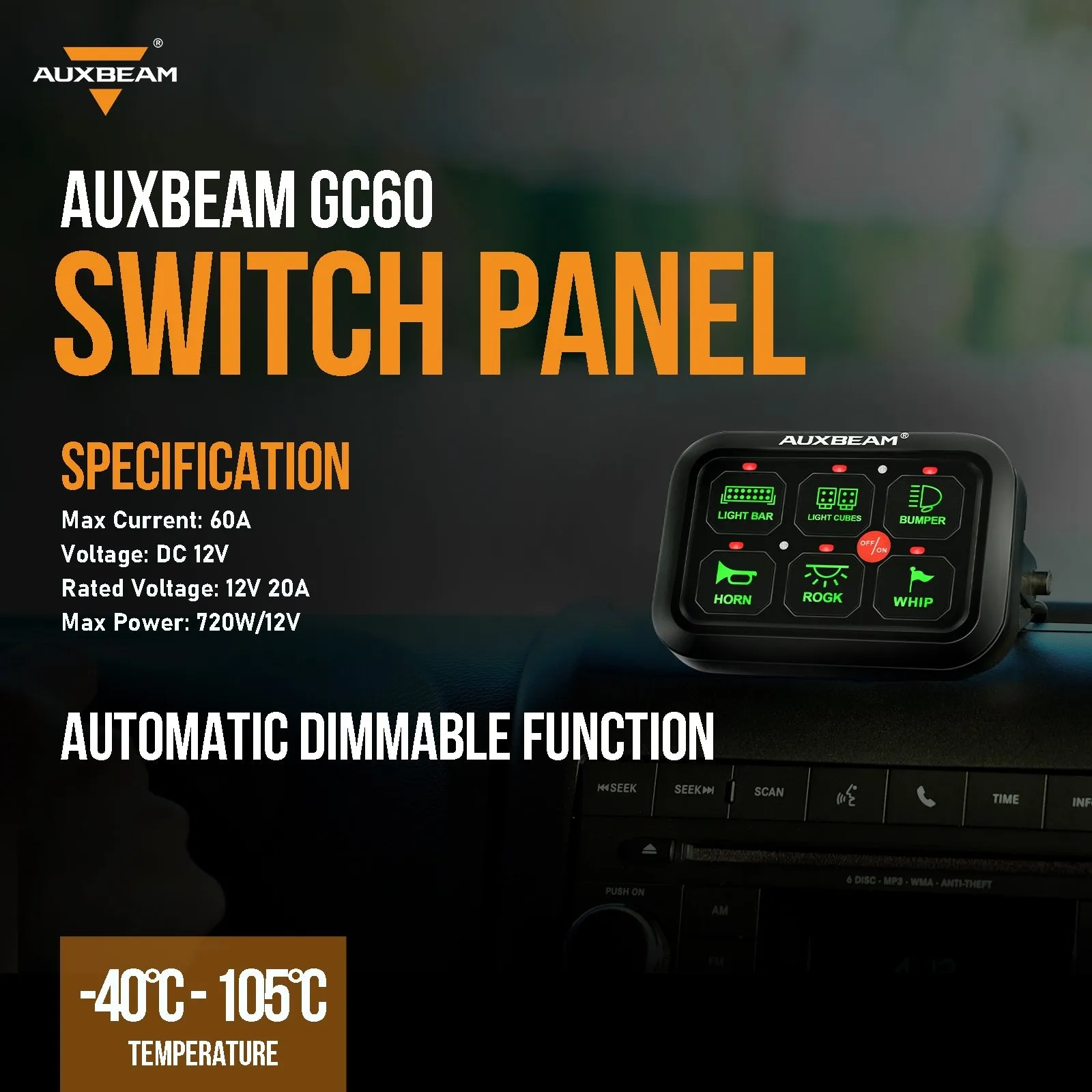 GC60 6 Gang LED Switch Panel, Off Road Light Controller (Green)