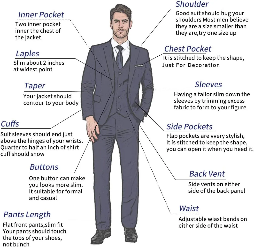 MAGE MALE Men's 3 Pieces Suit Elegant Solid One Button Slim Fit Single Breasted Party Blazer Vest Pants Set