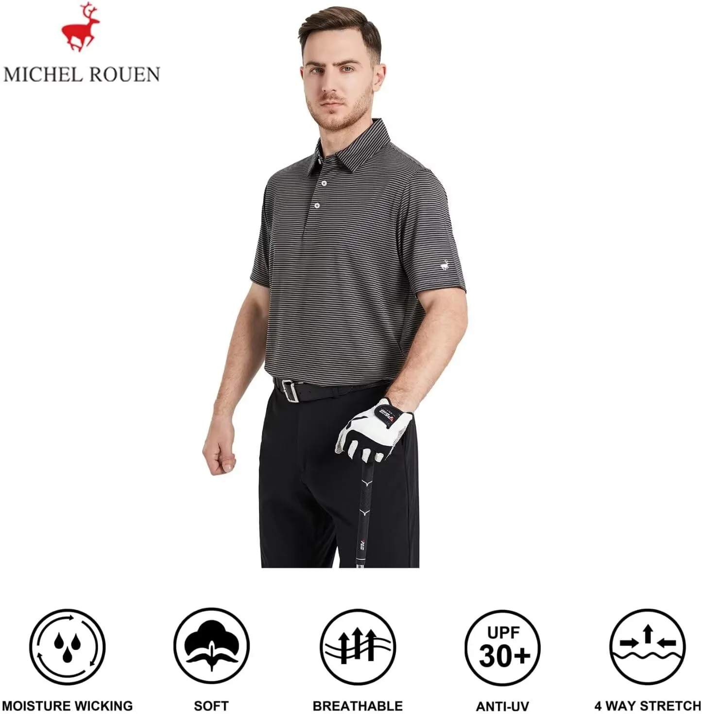 Mens Golf Shirt Moisture Wicking Dry Fit Performance Sport Short Sleeve Striped Golf Polo Shirts for Men
