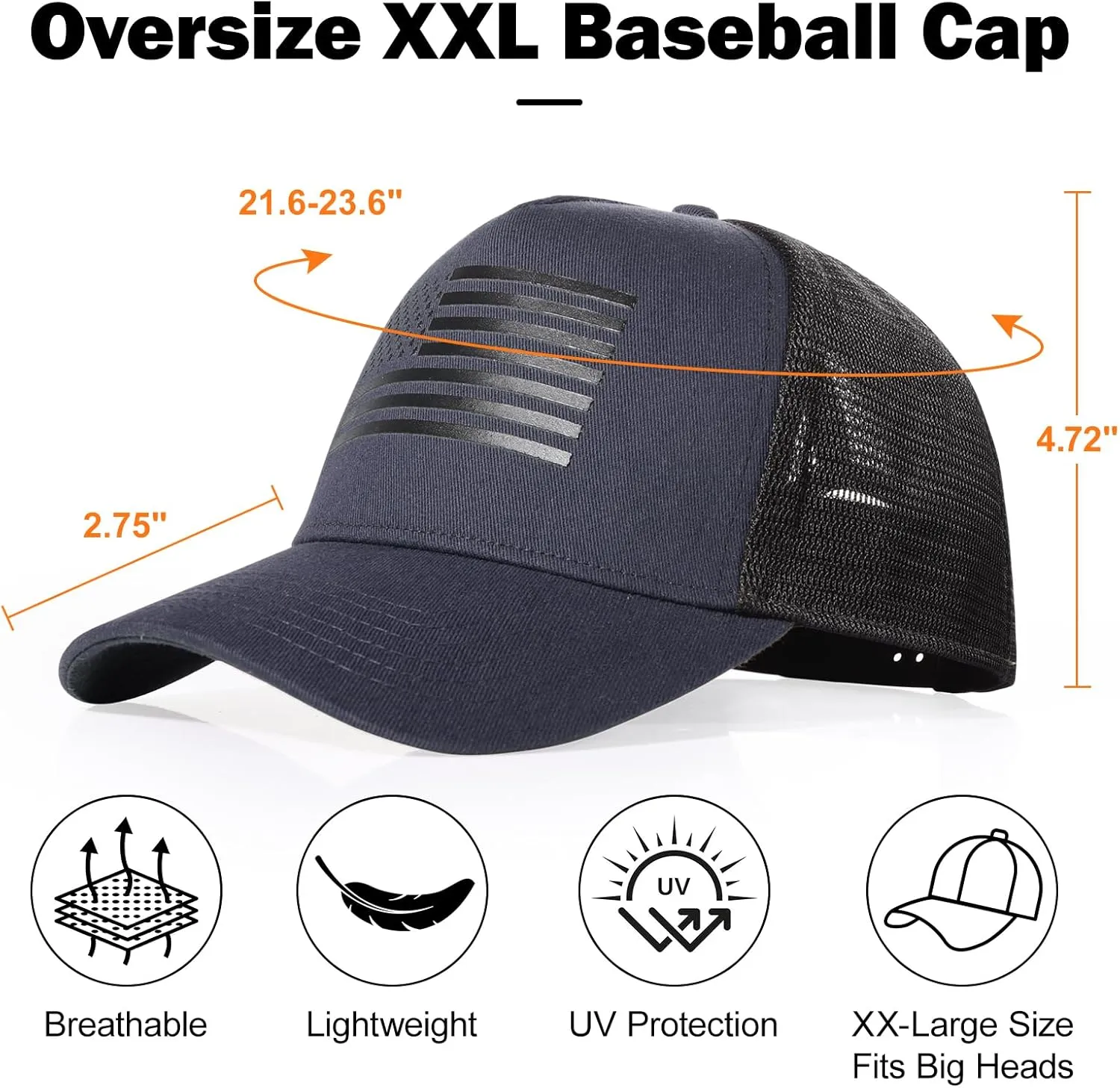 Oversize XXL American Flag Trucker Hat - Adjustable 23"-25.5" Baseball Cap - 3D Embossed Logo Mesh Snapback Hat